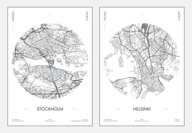 여행 포스터, 도시 거리 계획 도시지도 스톡홀름과 헬싱키, 벡터 일러스트레이션 - sweden map stockholm vector stock illustrations