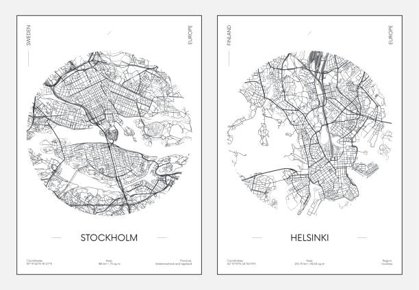 plakat podróżny, miejska mapa miasta plan ulicy sztokholm i helsinki, ilustracja wektorowa - sweden map stockholm vector stock illustrations