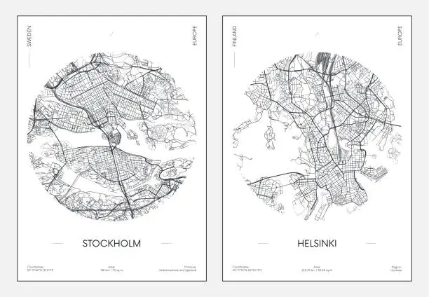 Vector illustration of Travel poster, urban street plan city map Stockholm and Helsinki, vector illustration