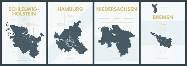 ilustraciones, imágenes clip art, dibujos animados e iconos de stock de carteles vectoriales con siluetas muy detalladas mapas estados de alemania - schleswig-holstein, hamburgo, niedersachsen, bremen - set 1 de 4 - schleswig