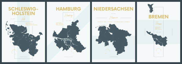 illustrations, cliparts, dessins animés et icônes de affiches vectorielles avec des silhouettes très détaillées cartes états de l’allemagne - schleswig-holstein, hambourg, niedersachsen, brême - set 1 de 4 - schleswig