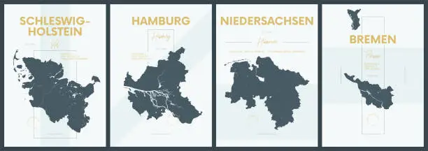 Vector illustration of Vector posters with highly detailed silhouettes maps states of Germany - Schleswig-Holstein, Hamburg, Niedersachsen, Bremen - set 1 of 4