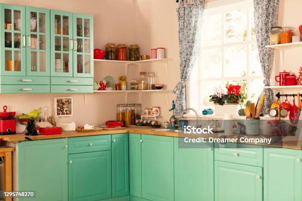 Light Green Wooden Kitchren With Window Stock Photo - Download Image Now - Kitchen, Backgrounds, Retro Style