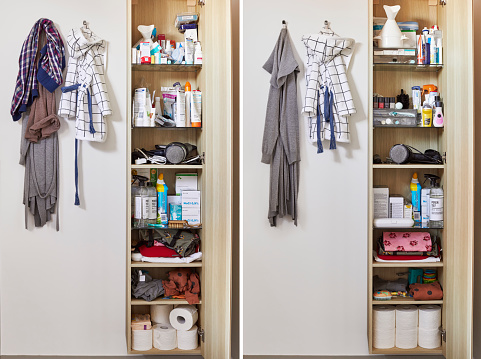 A high-resolution before after photo in color of a bathroom cabinet that was tidied up during the lockdown due to covid 19