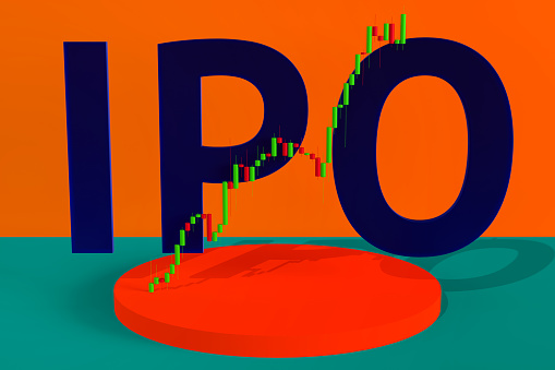 Initial public offering company starts in stock exchange market. Japanese candles diagram shows successful IPO. 3D illustration