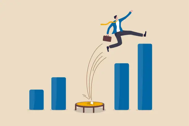 Vector illustration of Business challenge, revenue rebound and recover from economic crisis or earning and profit growth jump from bottom concept, strong businessman jumping from trampoline back to top of growing bar graph.