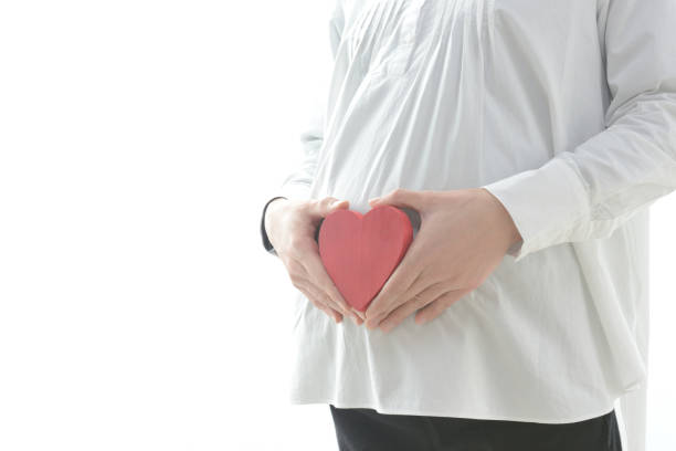 Pregnant woman with heart object on white background