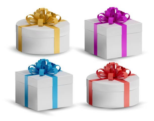 istock Collection Gift white box in a red, gold, blue bow on top. Realistic, closed Holiday box on white background. Celebration decoration objects. Vector illustration. 1295755188