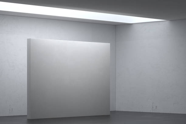 istock Room With Blank White Wall In The Center. Copy Space. Empty Space. Exhibition, Exposition, Showroom. 3d Rendering. 1295756313