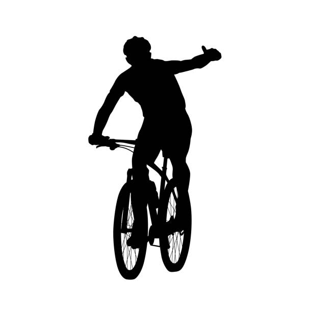 Mountain biker showing thumbs up. Cycling, vector silhouette, front view. Summer sport Mountain biker showing thumbs up. Cycling, vector silhouette, front view. Summer sport bike hand signals stock illustrations