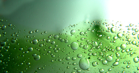 light green bubbles, Misted glass, green rain drops dew drops on colorful abstract cool color background condensation on tinted vibrant glass window(selective focus)