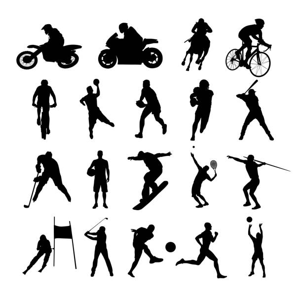 illustrazioni stock, clip art, cartoni animati e icone di tendenza di silhouette sportive. set di sagome vettoriali di atleti di vari sport. persone attive - sportsman