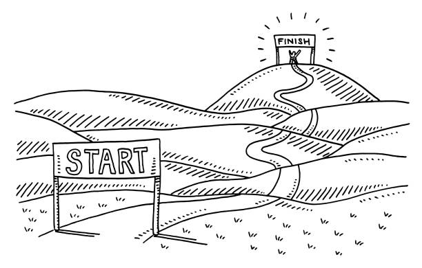 Road From Start To Finish Landscape Drawing Hand-drawn vector drawing of a Road From Start To Finish Landscape. Black-and-White sketch on a transparent background (.eps-file). Included files are EPS (v10) and Hi-Res JPG. finish line stock illustrations