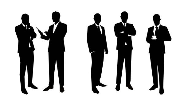 business-männer-silhouetten in verschiedenen posen gesetzt. flache vektor-illustrationen. gruppe von geschäftsleuten. rechtsanwalt, lehrer, vertriebsleiter, chef, politiker, makler - silhouette men people standing stock-grafiken, -clipart, -cartoons und -symbole