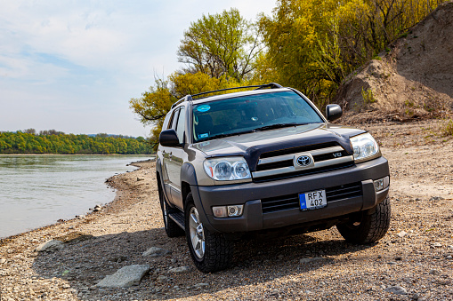 Hungary Danube river  May. 13, 2020: Toyota 4Runner SUV touring along the Danube river - on a  4x4 expedition through Europe.