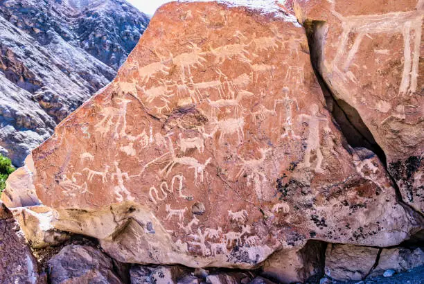 Petroglyphs of the archaeological site of Yerbas Buenas, Rio Grande, San Pedro de Atacama, Antofagasta Region, Chile