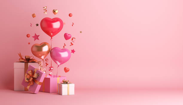 glückliche valentinstag dekoration mit geschenk-box, herz-form-ballon mit kopierraum, 3d-rendering-illustration - february valentines day heart shape love stock-fotos und bilder