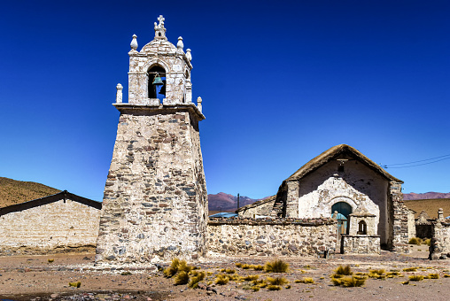 Church in village, 19th century Andean Baroque style, Guallatire, Region Arica y Parinacota, Northern Chile, Chile