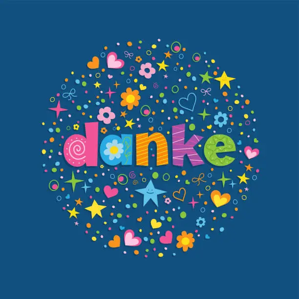 Vector illustration of DANKE colorful greeting card with hand lettering (DANKE means THANK YOU in German)