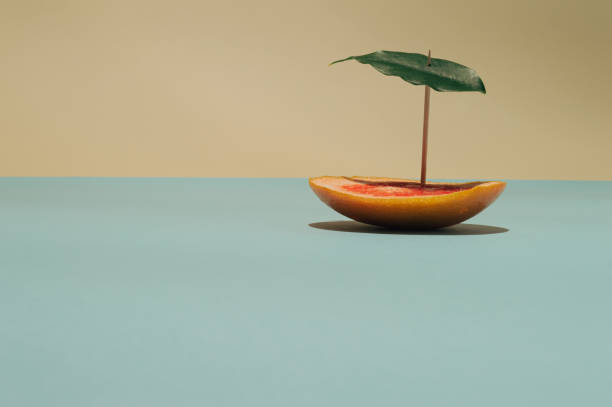 istock Summer tropical composition made with slice of grapefruit and one green leaf. 1295763276