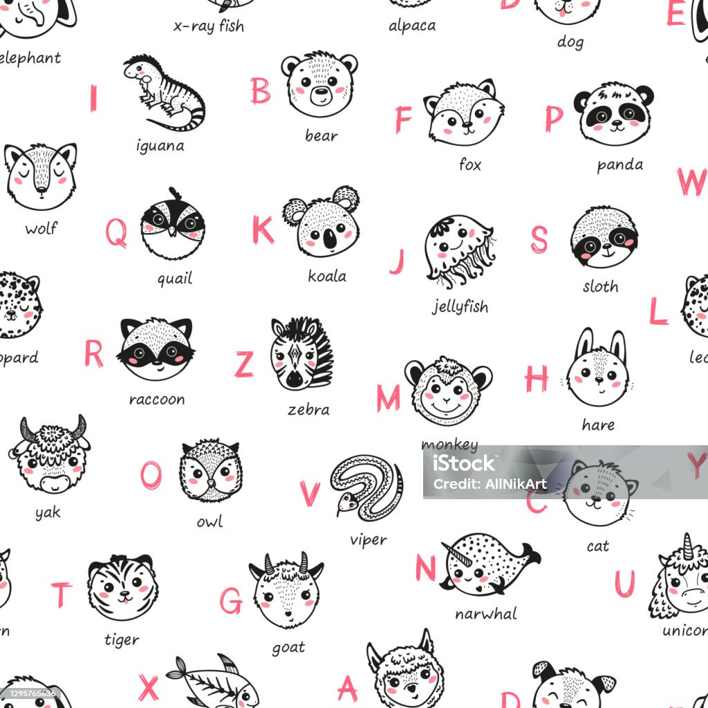 Cute Animal Alphabet Seamless Pattern Cartoon Funny Baby Animals Faces And  Doodle Latin Letters And Names Childish Vector Abc Background Stock  Illustration - Download Image Now - iStock