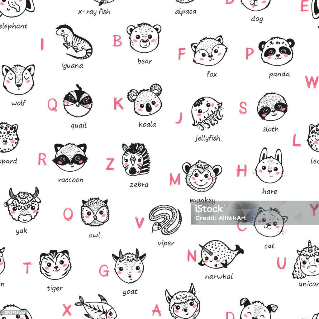 Cute Animal Alphabet Seamless Pattern Cartoon Funny Baby Animals Faces And Doodle Latin Letters And Names Childish Vector Abc Background Stock Illustration - Download Image Now - iStock Cute Animal Alphabet Seamless Pattern Cartoon Funny Baby Animals Faces And Doodle Latin Letters And Names Childish Vector Abc Background Stock Illustration - Download Image Now - iStock