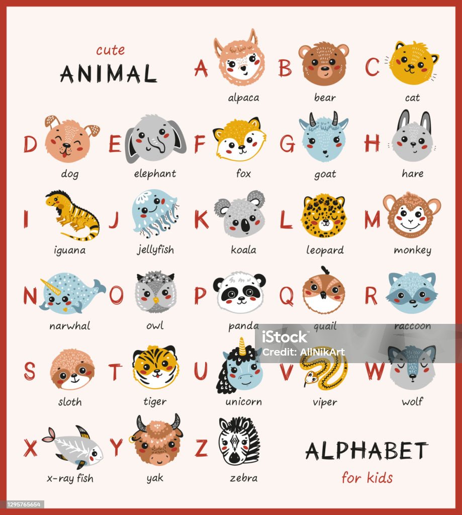 Cute Animals Alphabet For Children Cartoon English Alphabet For Kids Hand  Drawn Lovely Baby Animal Faces With Doodle Latin Letters And Names Color  Childish Vector Abc Poster For Preschool Education Stock Illustration -