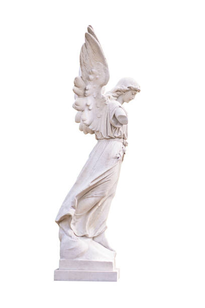 statue eines jungen engels isoliert auf weiß - statue angel marble white stock-fotos und bilder