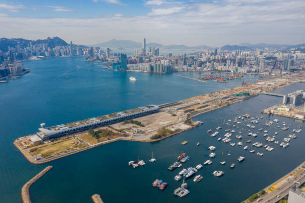 Aerial view of Kai Tak Cruise Terminal,Kwun Tong,Hong Kong 2021 Jan 9,Hong Kong.Aerial view of Kai Tak Cruise Terminal,Kwun Tong,Hong Kong kowloon stock pictures, royalty-free photos & images