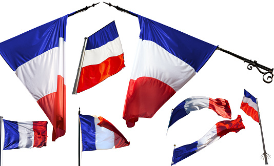 Collection of national French Flags with flagpole, isolated on white background.