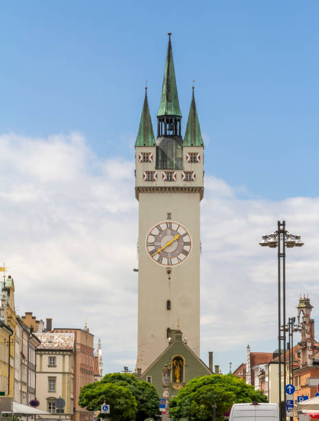 Wirkbau iconic clock tower in Chemnitz, Germany at midday with clear sky
