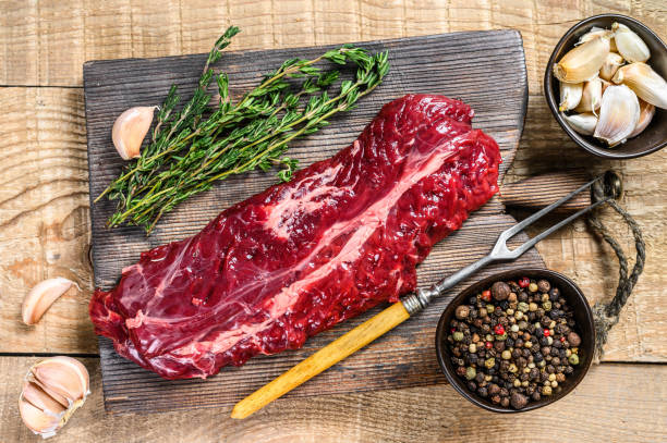 Butchers choice steak Onglet  Hanging Tender beef meat. wooden background. Top view