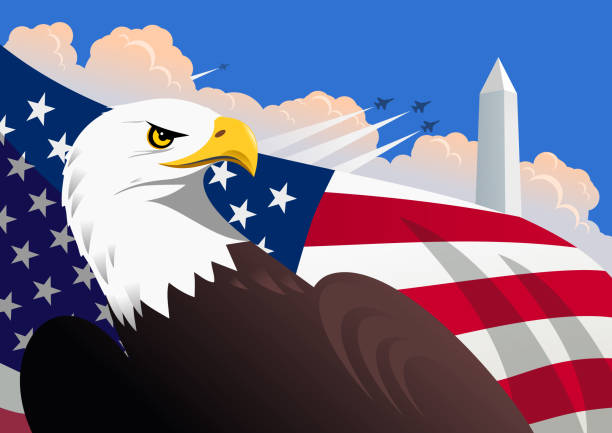 대머리 독수리, 미국 국기, 워싱턴 기념비, 적수의 구름으로 하늘에서 비행 하는 군용 비행기와 상징적 인 미국 애국 그림 - symbol military star eagle stock illustrations
