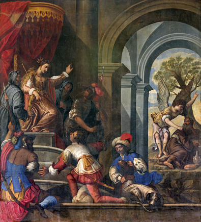 Padua - The Pain of Old Testamnet scene with prophet Elijah and  queen Jezebel in church Basilica del Carmine from 17. cent by unknown painter.