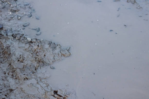 istock Puddle with dirty yellow water and stones 1295777236