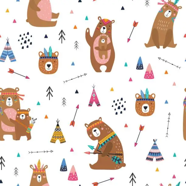 Vector illustration of Childish seamless vector pattern with cute bears in cartoon style. Creative vector childish background for fabric, textile, apparel