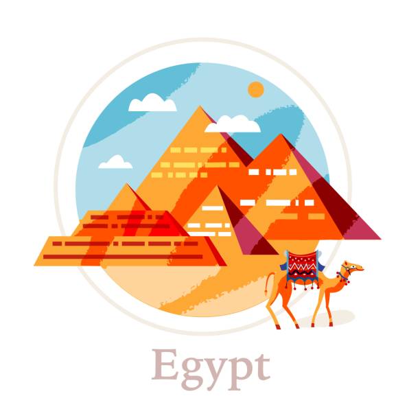 ilustraciones, imágenes clip art, dibujos animados e iconos de stock de paisaje egipcio con pirámides y fondo de camello. ilustración vectorial del símbolo de referencia cultural de egipto. ruinas históricas, hito arqueológico y mitológico en africa. bandera exterior de turismo - town of egypt
