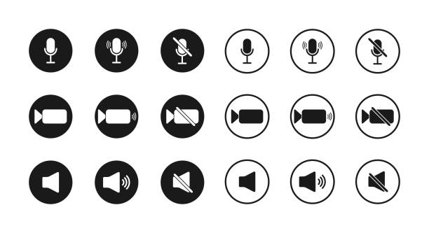 マイク、サウンド、カメラのアイコン。ミュート、ズーム、マイク用のボタン。ビデオ、オーディオ、スピーカー用のインターフェイスのシンボル。会議、会議、オンラインウェビナーの兆� - press conference microphone conference call the media点のイラスト素材／クリップアート素材／マンガ素材／アイコン素材