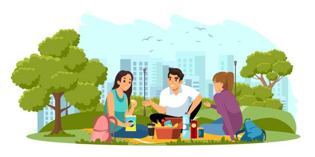 Man and women having picnic in public city park illustration. Healthy lifestyle outdoor vector. Young guy and two girls sitting on mat with food. Urban recreation in nature scene Man and women having picnic in public city park illustration. Healthy lifestyle outdoor vector. Young guy and two girls sitting on mat with food. Urban recreation in nature scene. lunch clipart stock illustrations