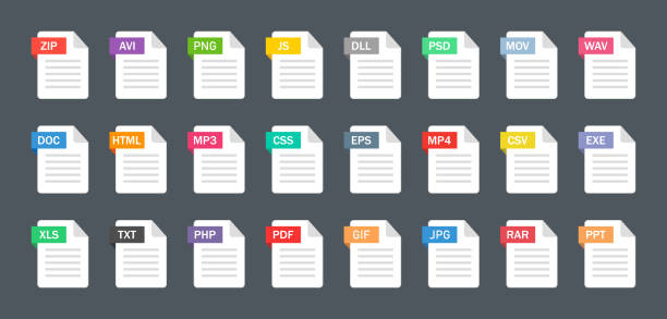 File type icons. Format and extension of documents. Set of pdf, doc, excel, png, jpg, psd, gif, csv, xls, ppt, html, txt and others. Icons for download on computer. Graphic templates for ui. Vector File type icons. Format and extension of documents. Set of pdf, doc, excel, png, jpg, psd, gif, csv, xls, ppt, html, txt and others. Icons for download on computer. Graphic templates for ui. Vector. computer file stock illustrations