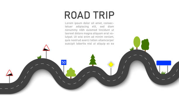 ilustrações de stock, clip art, desenhos animados e ícones de road trip. icon for map of journey. highway for travel. path of taxi. asphalt with road signs and nature. way on street for transport. design of pattern on white background. vehicle traffic. vector - highway street road speed