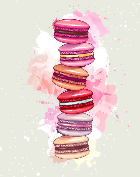 Colorful sweet macarons cakes on artistic watercolor background. French macaroons. Junk food background Colorful sweet macarons cakes on artistic watercolor background. French macaroons. Junk food background macaroon stock illustrations