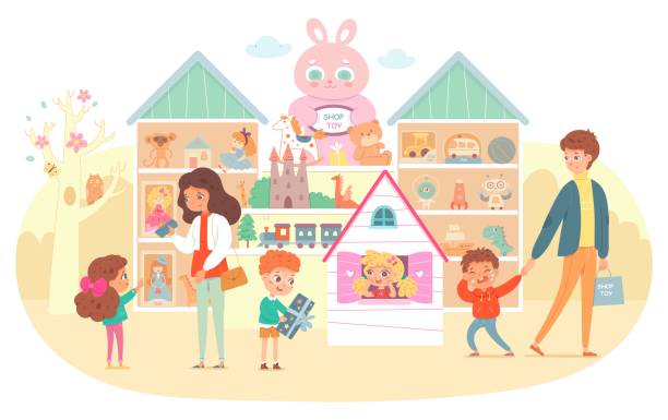 illustrations, cliparts, dessins animés et icônes de boutique de jouet et de cadeau pour des enfants. parents avec des enfants achetant l’illustration vectorielle de jouets. étagères avec poupées, boules, ours, voitures, robot, train, château. fille dans la maison, garçon avec le cadeau, garçon pleur - public transportation isolated mode of transport land vehicle