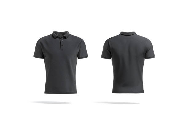 Blank black polo shirt mock up, front and back view Blank black polo shirt mock up, front and back view, 3d rendering. Empty classic textile male poloshirt mockup, isolated. Clear casual fabric tshirt or jersey model template. polo shirt stock pictures, royalty-free photos & images