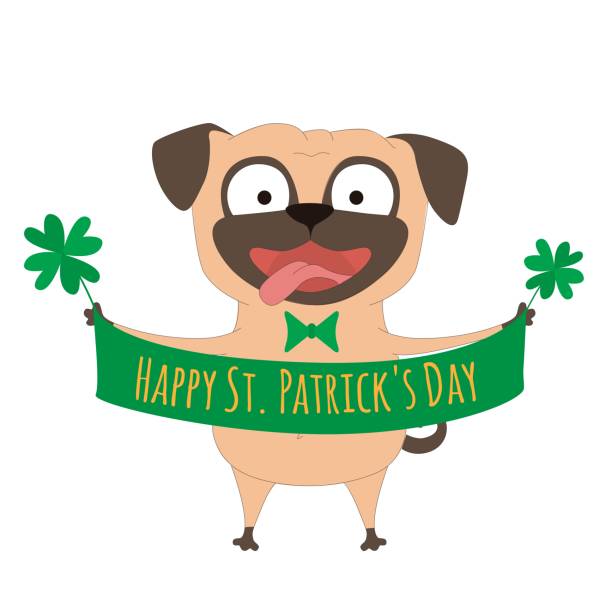 ilustraciones, imágenes clip art, dibujos animados e iconos de stock de pug de dibujos animados con trébol. ilustración vectorial del día de san patricio. postal, póster, banner, diseño de impresión. - st patricks day dog irish culture leprechaun