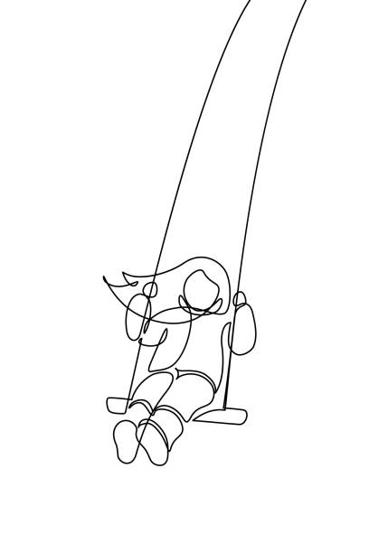 Child on a swing Child on a swing in continuous line art drawing style. Black linear sketch isolated on white background. Vector illustration swinging stock illustrations