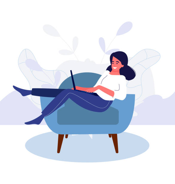 ilustraciones, imágenes clip art, dibujos animados e iconos de stock de la chica es una freelancer con el trabajo remoto trabaja sentado en una silla en casa, trabajo seguro, trabajo en condiciones de pandemia - sleeping on the job illustrations