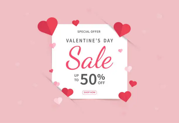 Vector illustration of Valentine's day sales banner template. Valentine's Day design with red paper hearts. Design for postcards, flyers, advertising. Vector illustration.