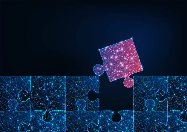illustrazioni stock, clip art, cartoni animati e icone di tendenza di futuristico gioco di puzzle blu poligonale basso incandescente con un pezzo mancante abbinato rosso. - solution puzzle strategy jigsaw piece