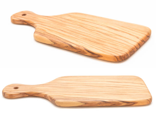 olive wood cutting board - cutting board plank wood isolated imagens e fotografias de stock